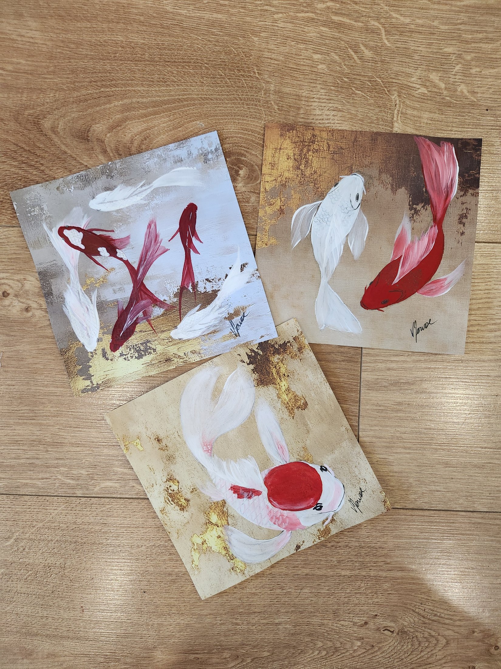 Triptyque poissons — acrylique , œuvre originale de Virginie Jousse